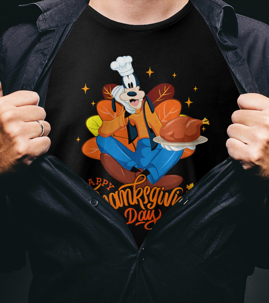 Happy Thanksgiving Day Goofy Chef With Turkey And Autumn Leaves T-Shirt