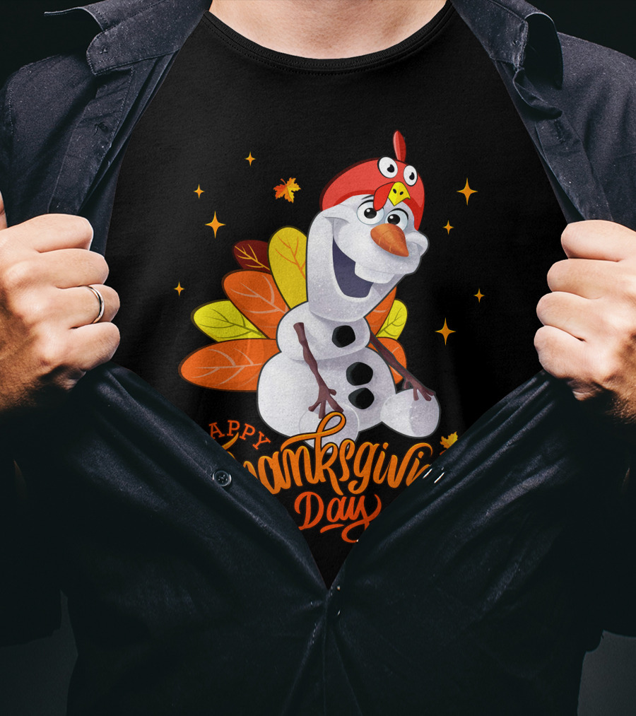 Happy Thanksgiving Day Olaf Snowman With Turkey Leaves And Stars T-Shirt