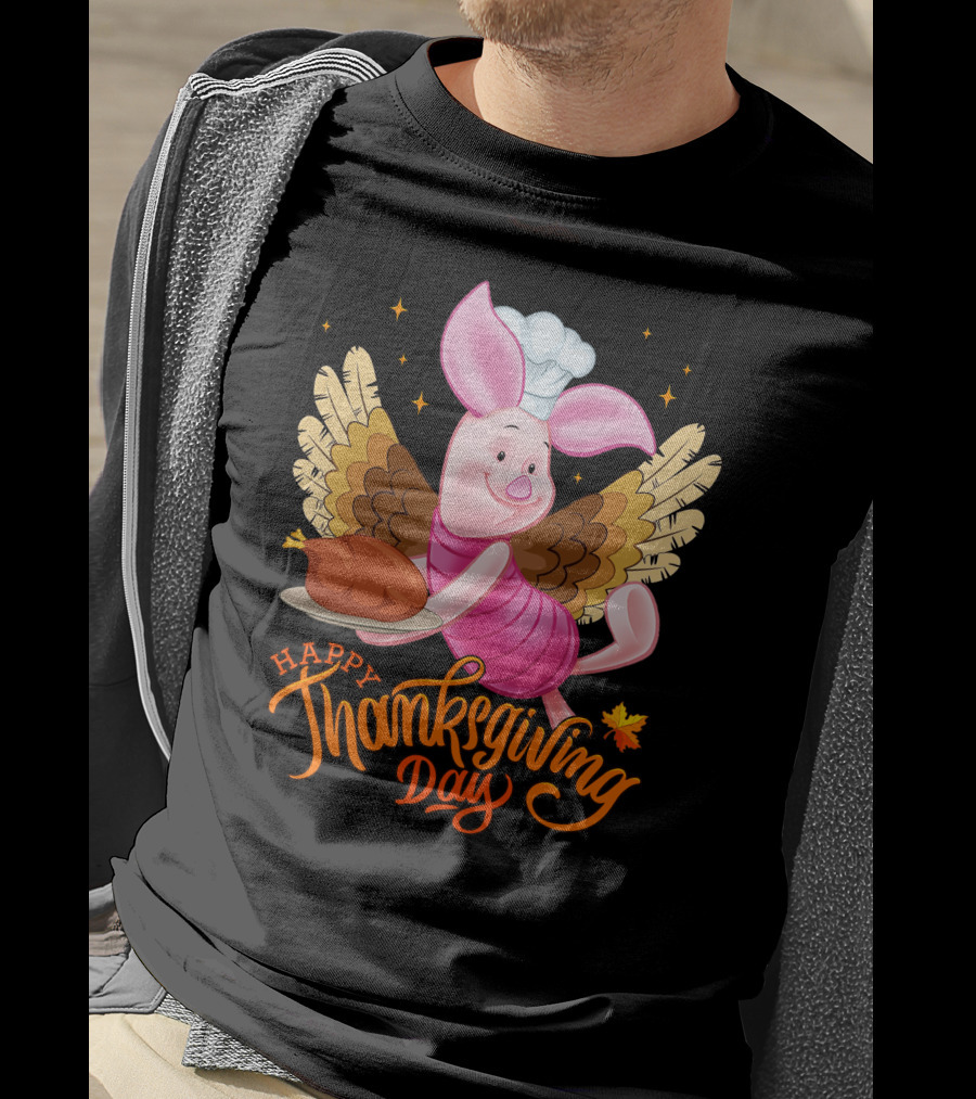 Happy Thanksgiving Day Piglet Chef With Turkey And Wings T-Shirt