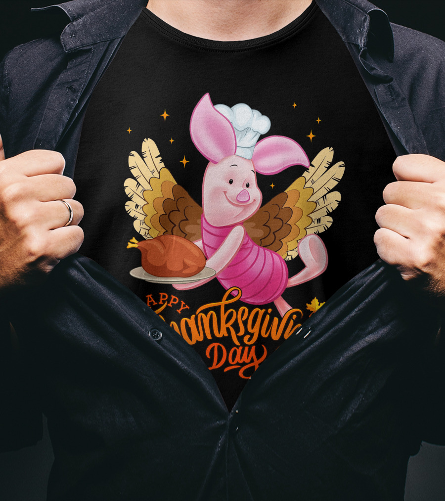 Happy Thanksgiving Day Piglet Chef With Turkey And Wings T-Shirt