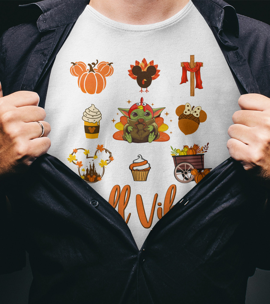 Fall Vibes Baby Yoda Pumpkin And Thanksgiving Elements T-Shirt