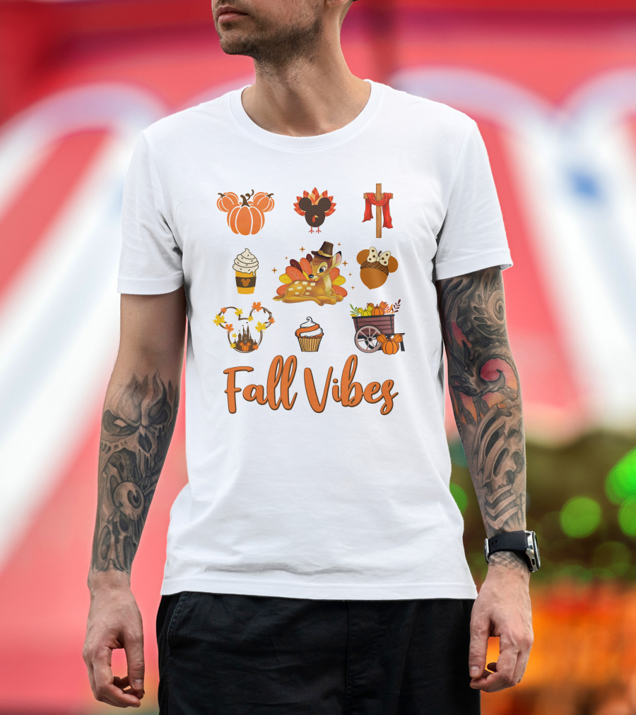 Fall Vibes Bambi Pumpkin Coffee Castle Mickey Ears Thanksgiving T-Shirt