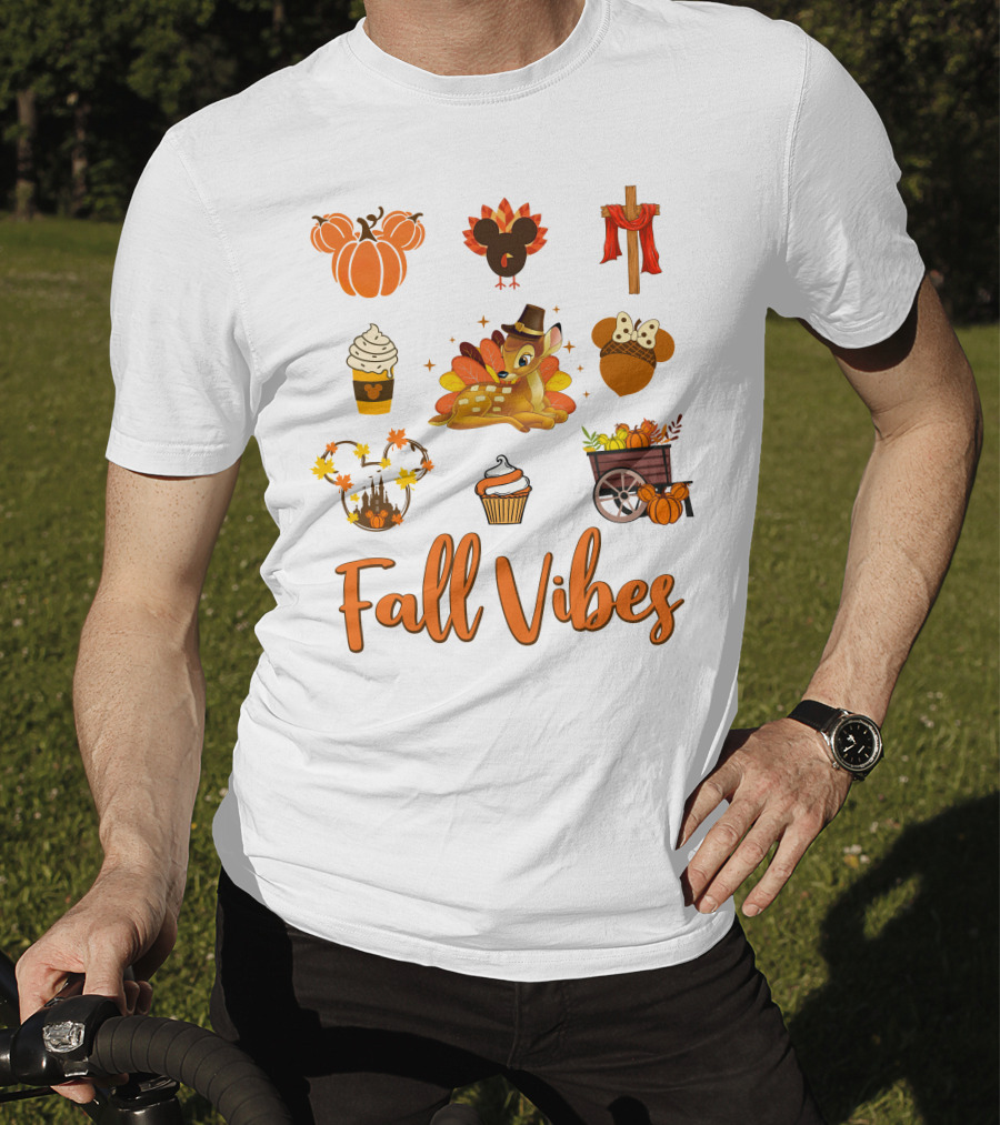 Fall Vibes Bambi Pumpkin Coffee Castle Mickey Ears Thanksgiving T-Shirt