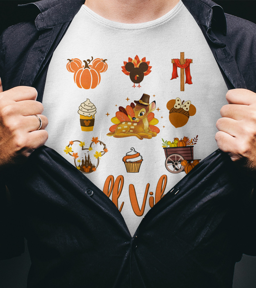 Fall Vibes Bambi Pumpkin Coffee Castle Mickey Ears Thanksgiving T-Shirt