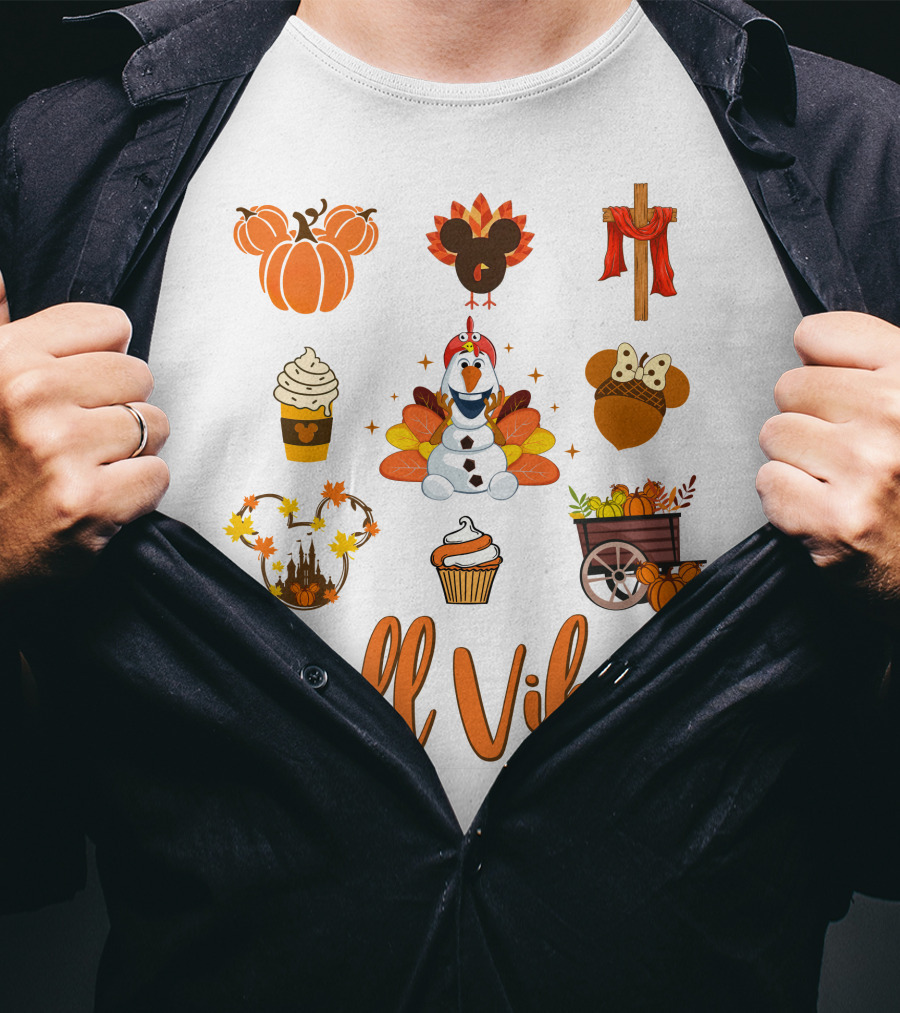 Fall Vibes Olaf Pumpkin Mickey Ears Turkey Cupcake T-Shirt