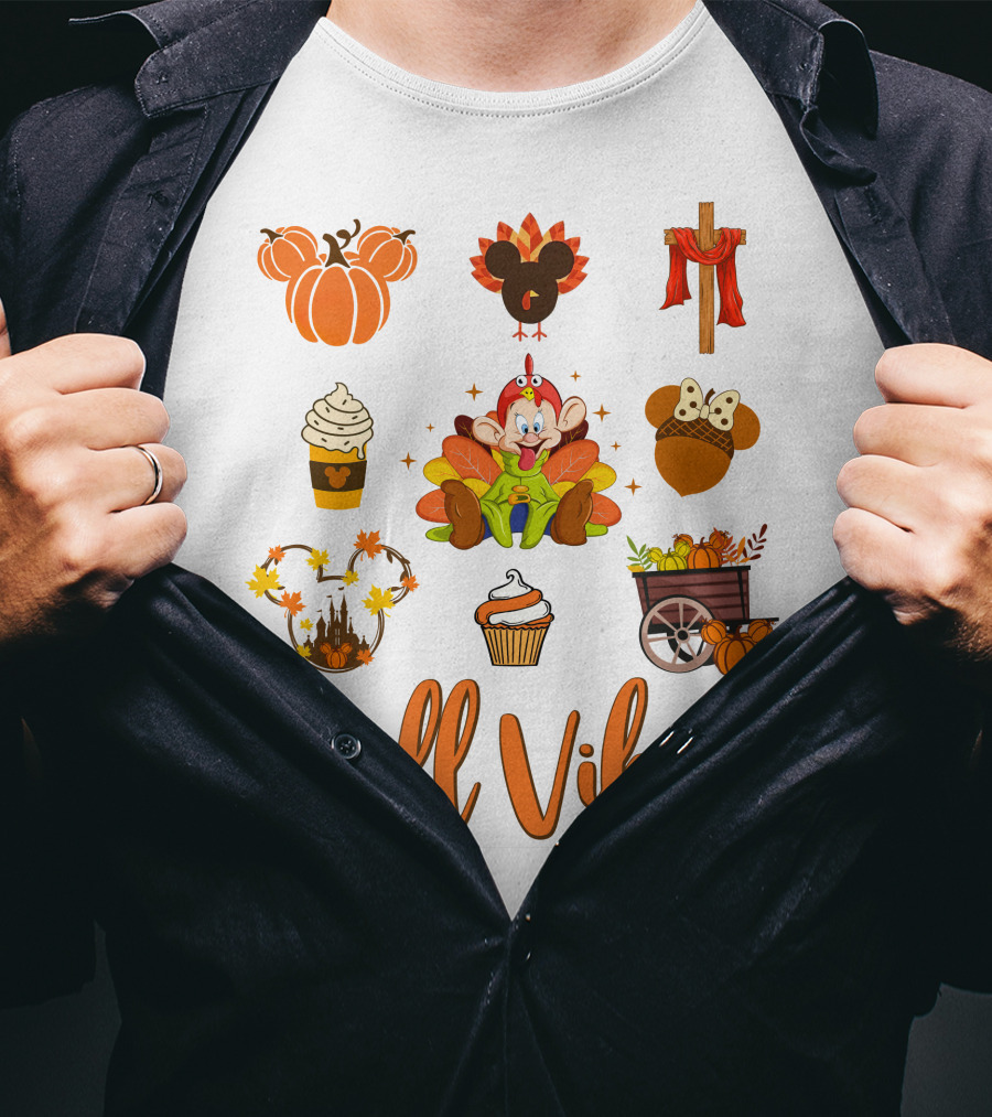 Fall Vibes Dopey Pumpkin Autumn Harvest Cupcake Thanksgiving Coffee Mickey Ears T-Shirt