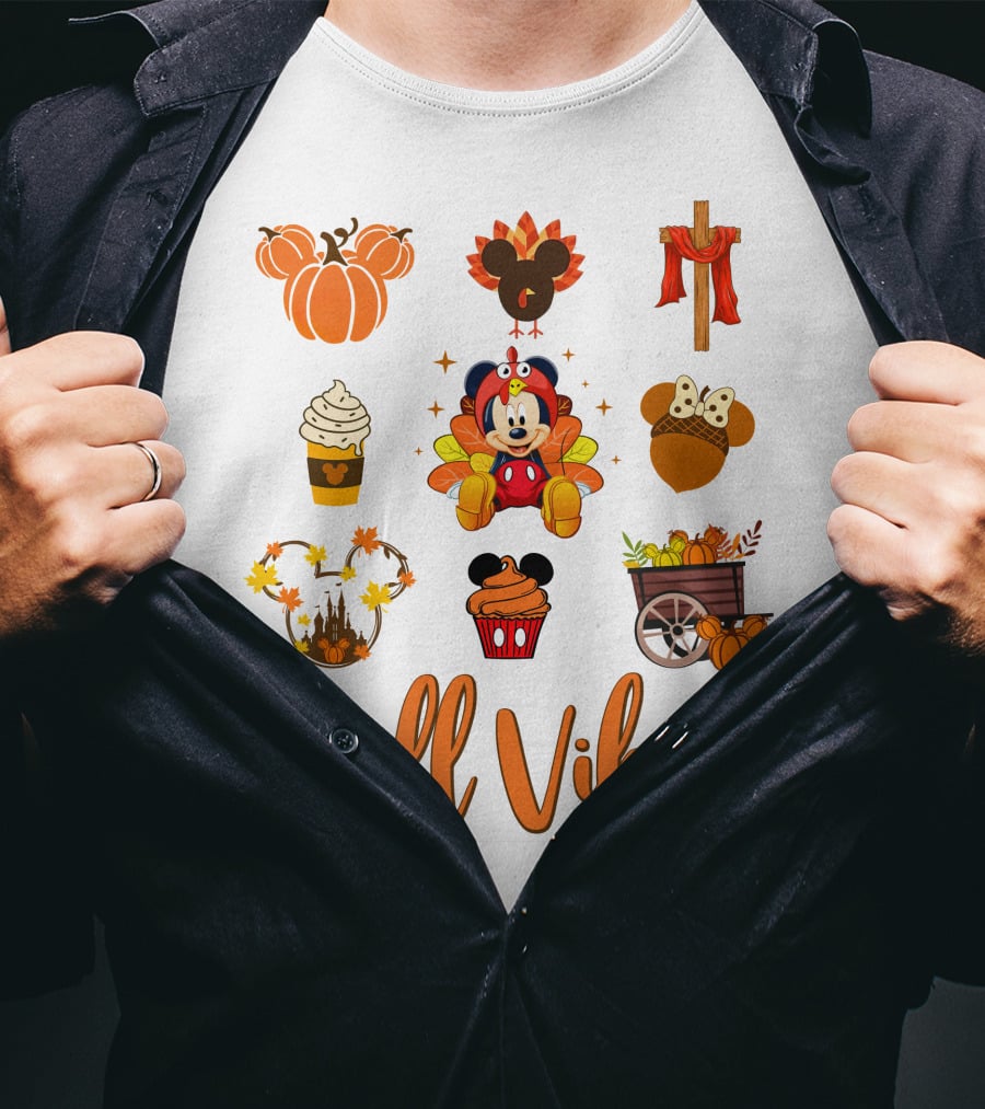 Fall Vibes Mickey Pumpkin Mouse Ears Thanksgiving Cupcake Harvest Decor T-Shirt