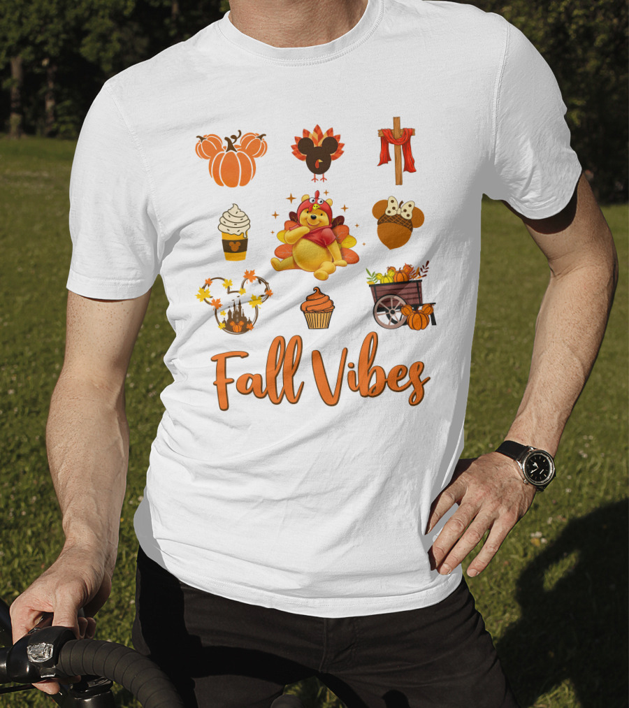Fall Vibes Pooh Thanksgiving Pumpkin Cupcake Latte Turkey Cart T-Shirt