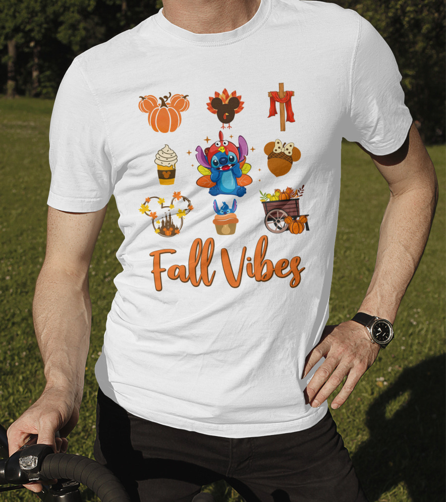 Stitch Fall Vibes Pumpkin Mickey Cupcake Autumn Cart Wagon Disney T-Shirt