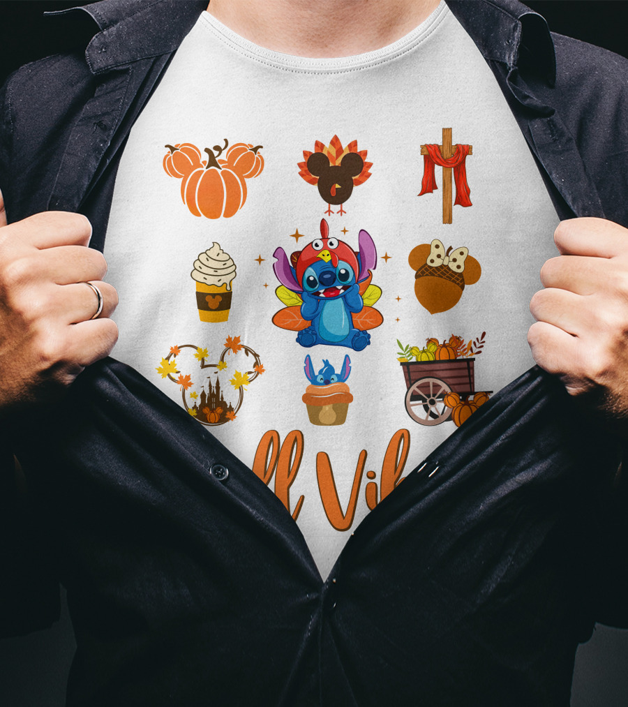 Stitch Fall Vibes Pumpkin Mickey Cupcake Autumn Cart Wagon Disney T-Shirt