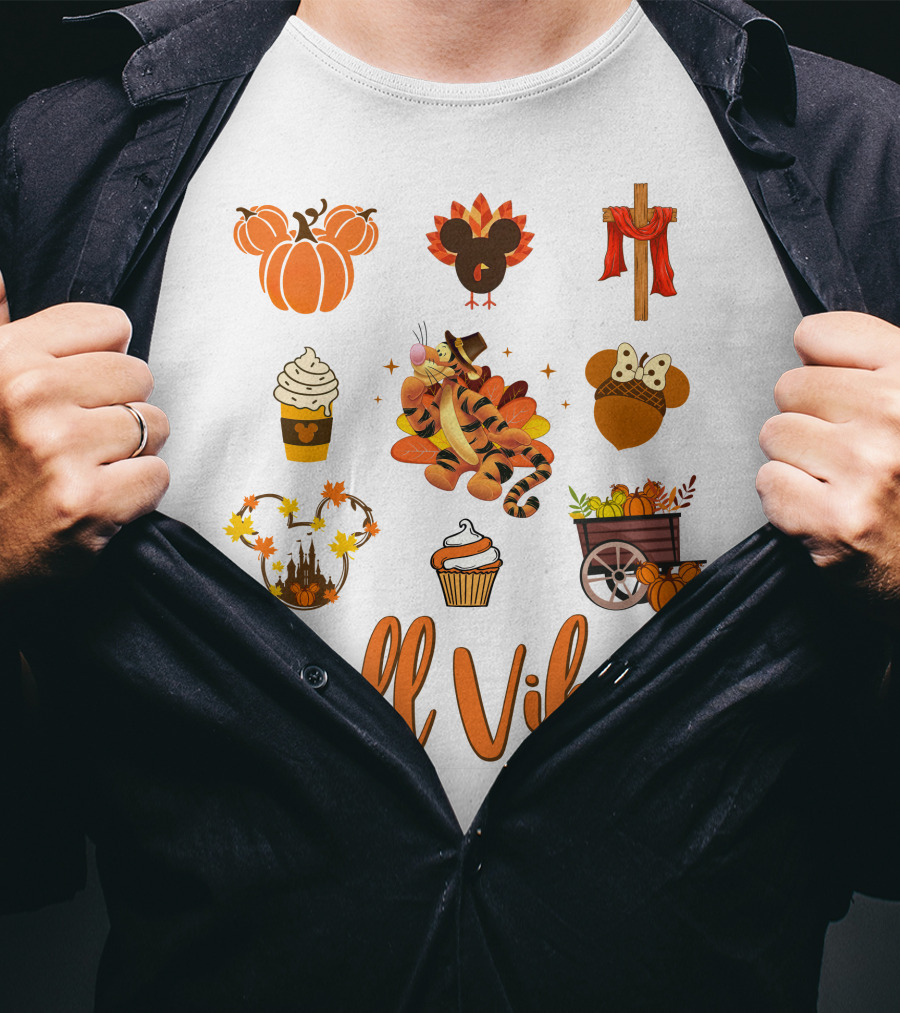 Tigger Fall Vibes Autumn Pumpkin Coffee Castle Thanksgiving Cupcake Harvest T-Shirt