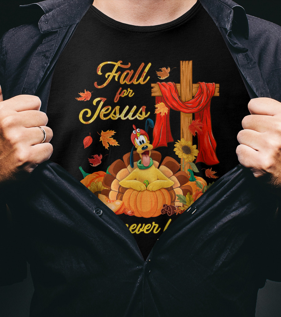 Fall For Jesus He Never Leaves Pluto Thanksgiving Cross Pumpkins T-Shirt