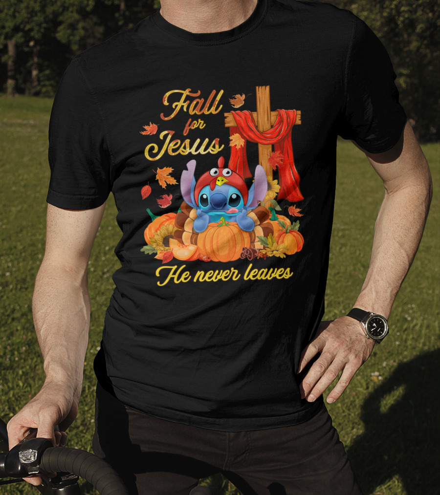 Fall For Jesus He Never Leaves Stitch Pumpkin Cross Autumn T-Shirt