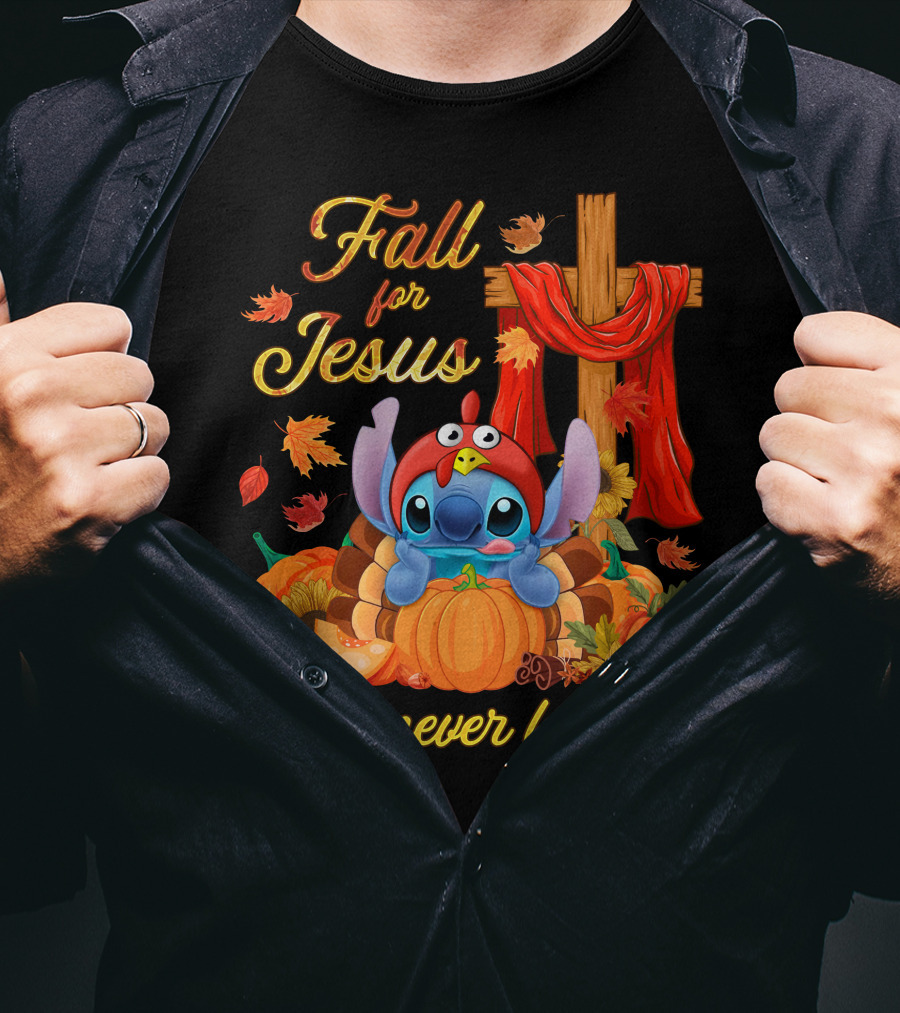 Fall For Jesus He Never Leaves Stitch Pumpkin Cross Autumn T-Shirt