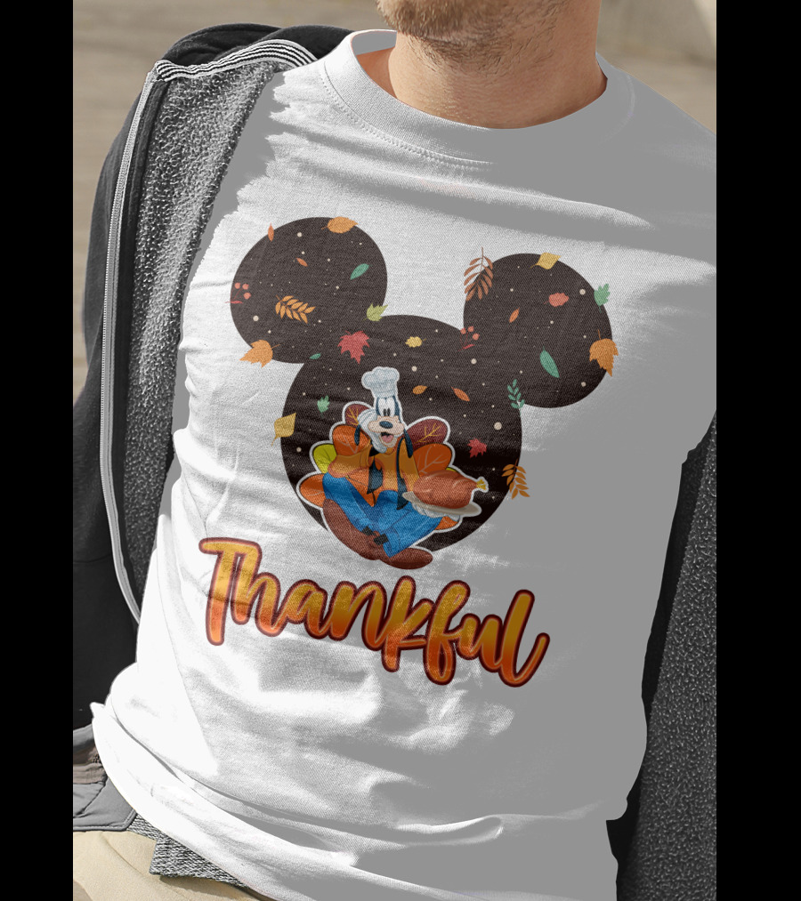 Thankful Goofy Chef With Turkey And Autumn Leaves Mickey Ears T-Shirt