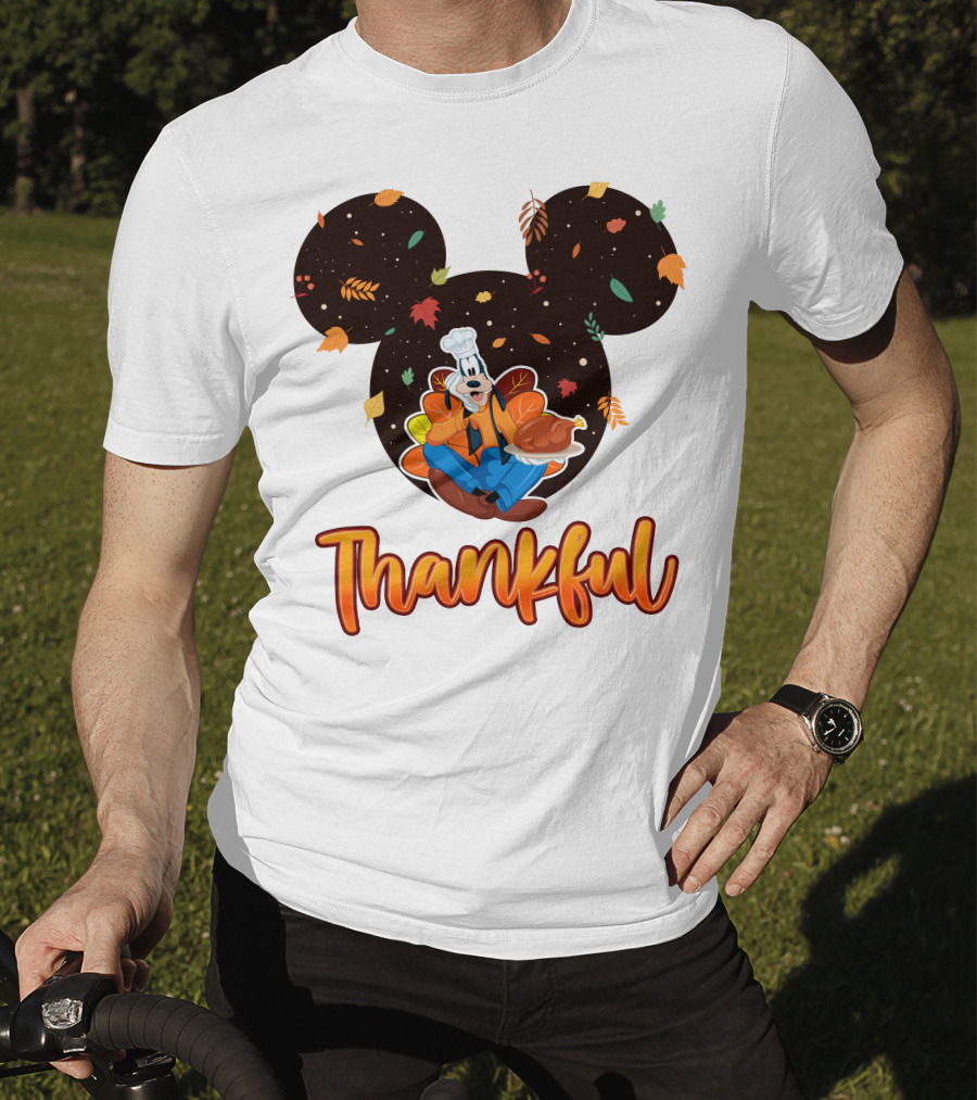 Thankful Goofy Chef With Turkey And Autumn Leaves Mickey Ears T-Shirt