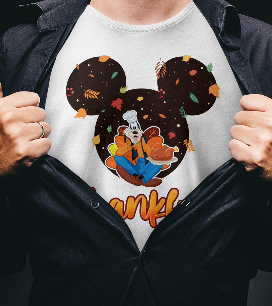 Thankful Goofy Chef With Turkey And Autumn Leaves Mickey Ears T-Shirt