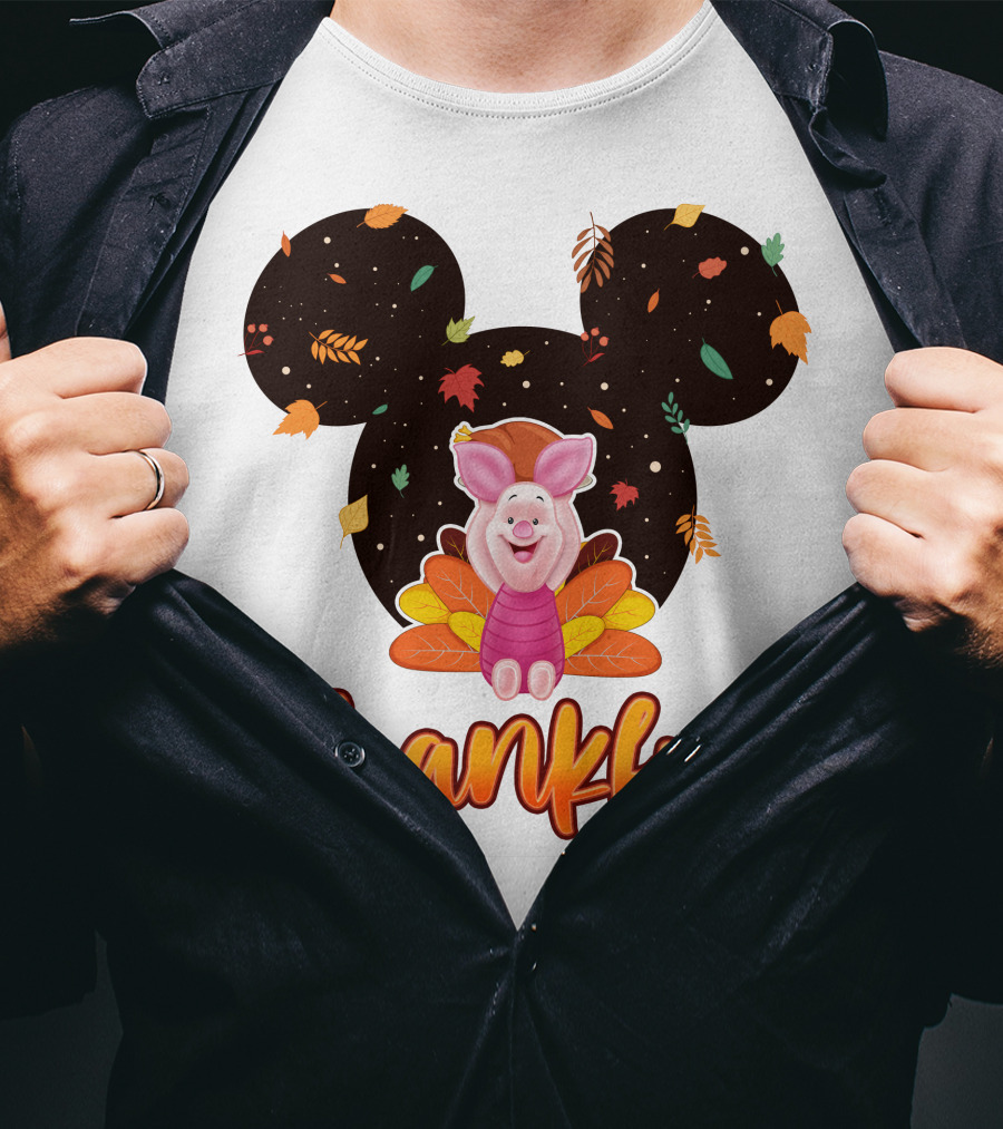 Thankful Piglet With Mickey Ears And Autumn Leaves T-Shirt