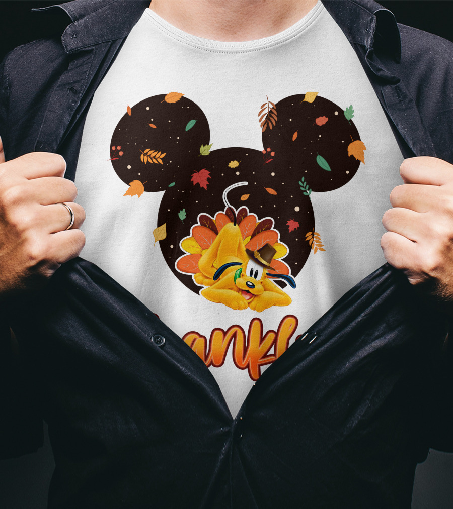 Thankful Pluto In Autumn Leaves Mickey Ears T-Shirt