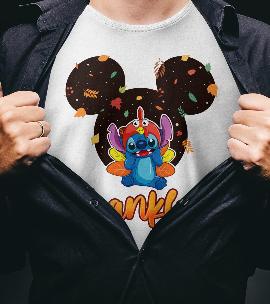 Thankful Stitch Thanksgiving Mickey Ears Autumn Leaves T-Shirt
