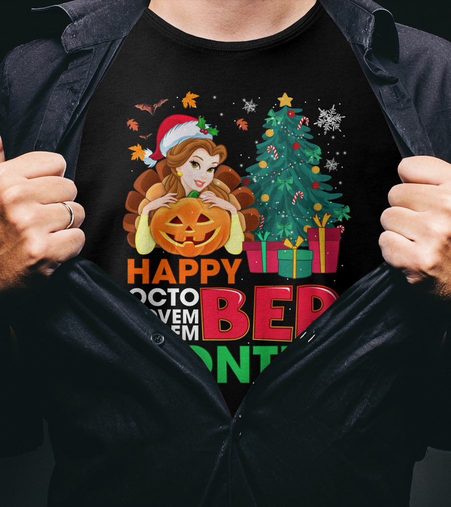 Happy Octo Novem Decem Ber Months Belle Christmas Tree Jack-O'-Lantern T-Shirt
