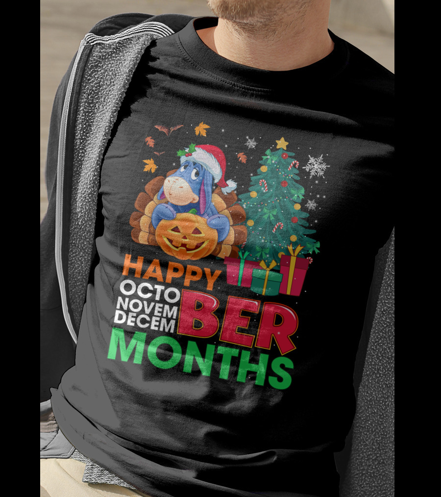 Happy Octo Novem Decem Ber Months Eeyore Pumpkin Christmas Tree Gifts Santa Hat T-Shirt