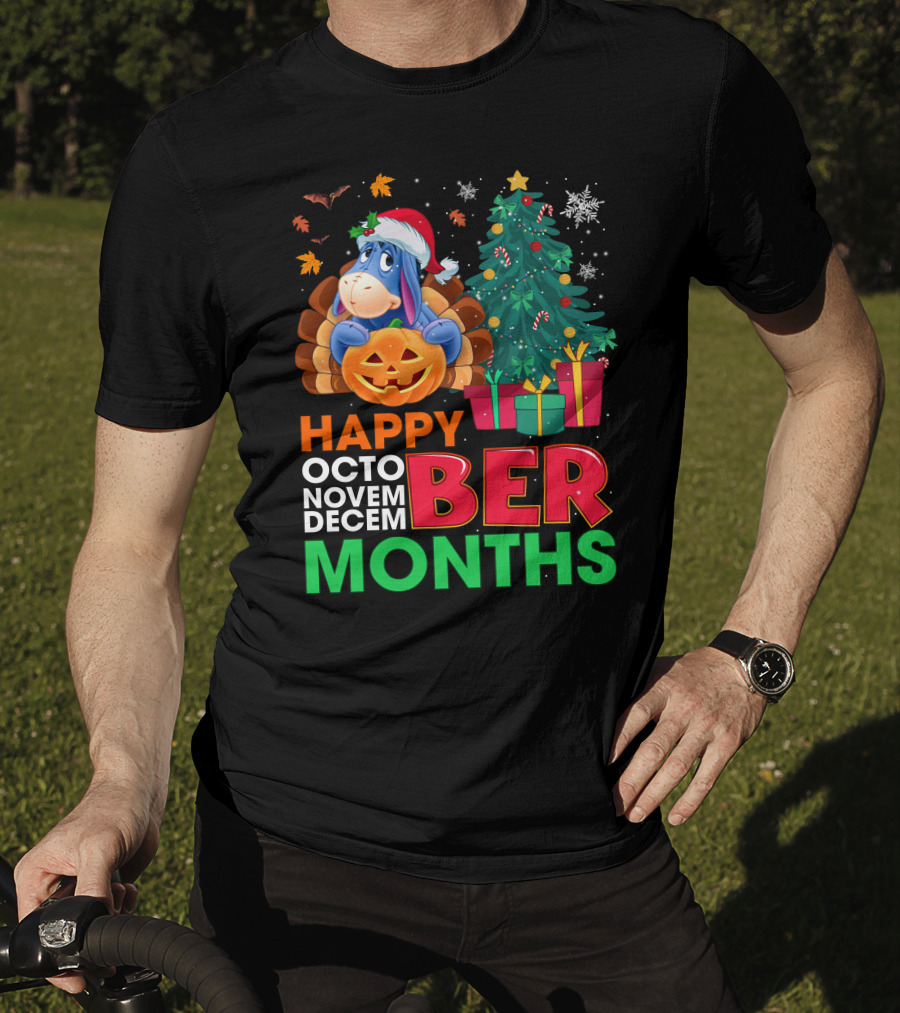 Happy Octo Novem Decem Ber Months Eeyore Pumpkin Christmas Tree Gifts Santa Hat T-Shirt
