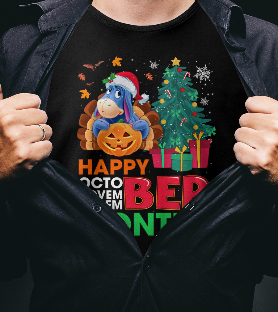 Happy Octo Novem Decem Ber Months Eeyore Pumpkin Christmas Tree Gifts Santa Hat T-Shirt