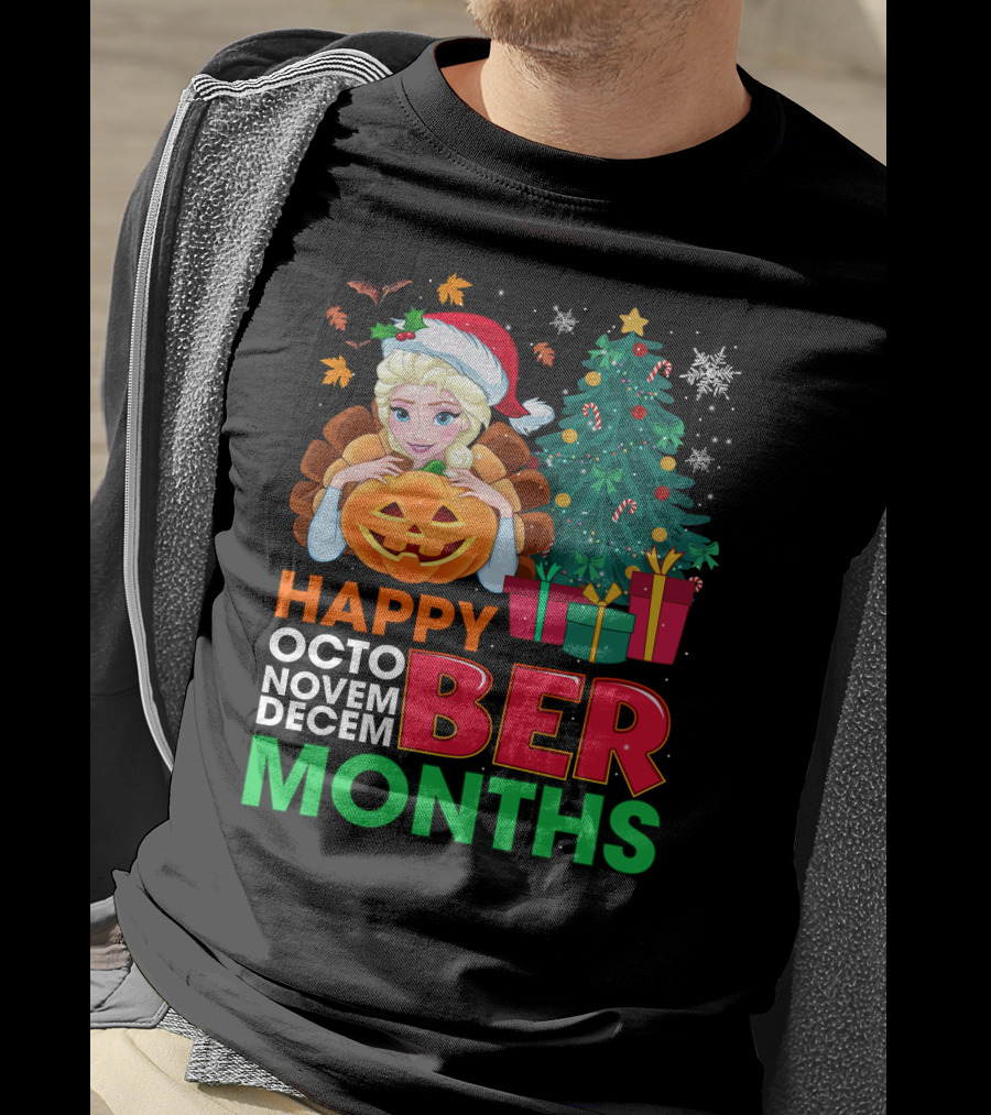 Happy Octo Novem Decem Ber Months Elsa Santa Hat Pumpkin Christmas Tree Presents T-Shirt