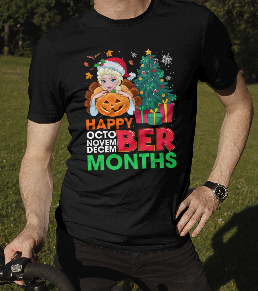Happy Octo Novem Decem Ber Months Elsa Santa Hat Pumpkin Christmas Tree Presents T-Shirt