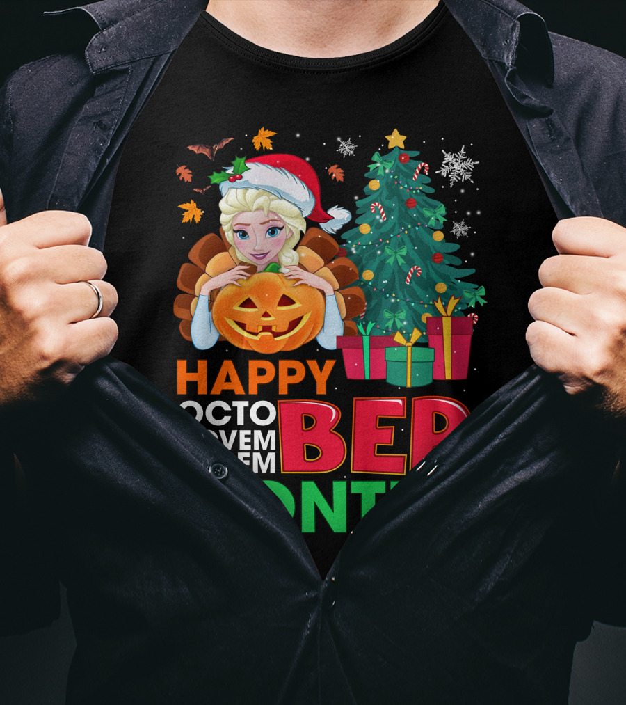 Happy Octo Novem Decem Ber Months Elsa Santa Hat Pumpkin Christmas Tree Presents T-Shirt