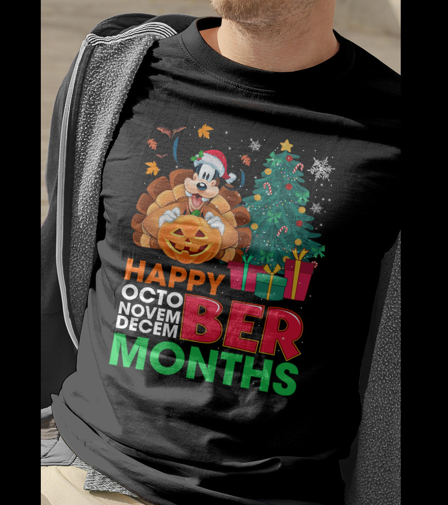 Happy Octo Novem Decem Ber Months Goofy Pumpkin Christmas Tree T-Shirt