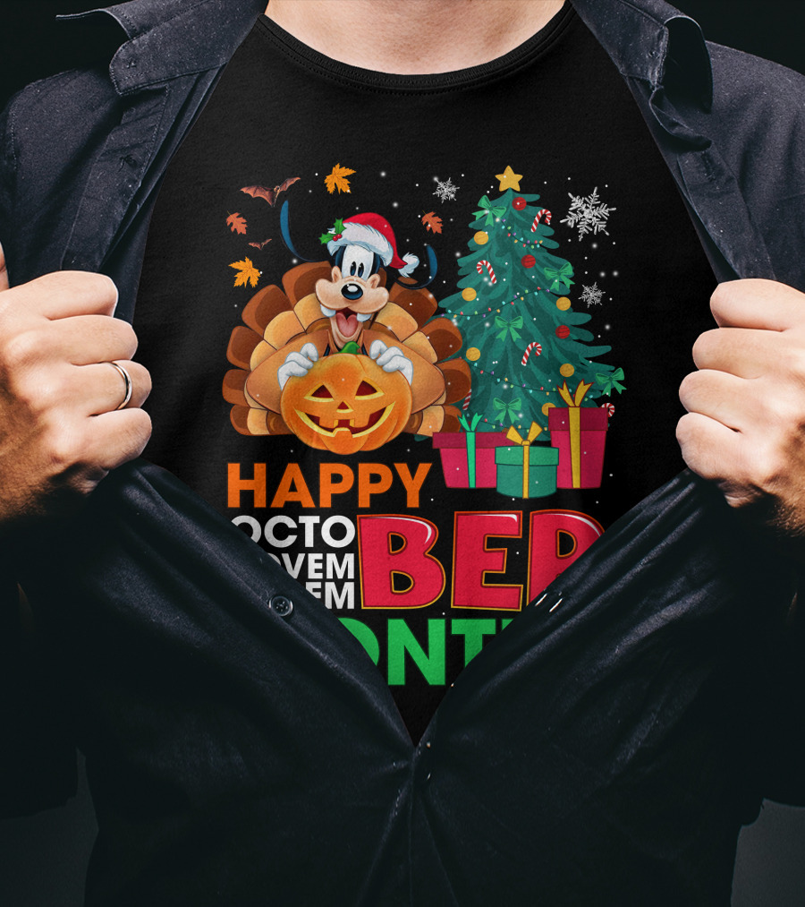Happy Octo Novem Decem Ber Months Goofy Pumpkin Christmas Tree T-Shirt
