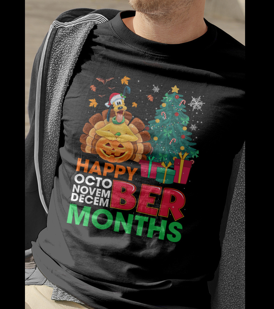 Happy Octo Novem Decem Ber Months Pluto Turkey Pumpkin Christmas Tree Presents T-Shirt