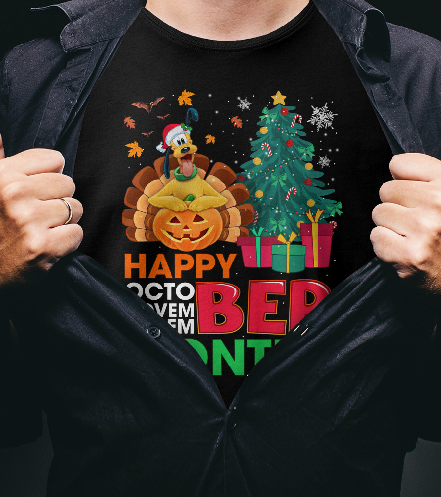 Happy Octo Novem Decem Ber Months Pluto Turkey Pumpkin Christmas Tree Presents T-Shirt