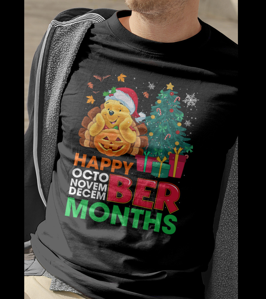 Happy Octo Novem Decem Ber Months Pooh Santa Hat Pumpkin Christmas Tree Gifts Snowflakes T-Shirt