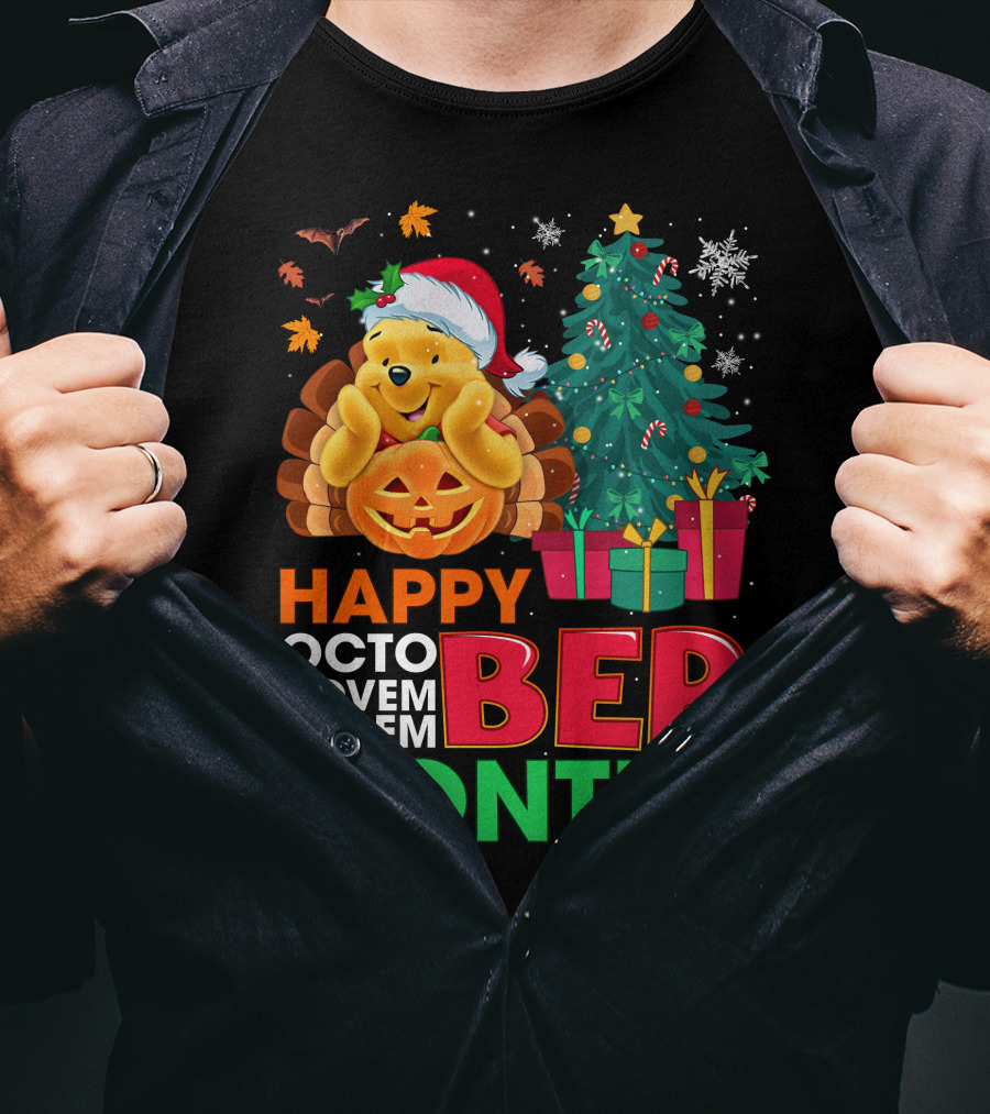 Happy Octo Novem Decem Ber Months Pooh Santa Hat Pumpkin Christmas Tree Gifts Snowflakes T-Shirt