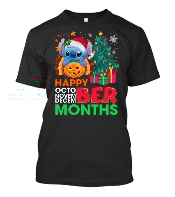 Happy Octo Novem Decem Ber Months Stitch Santa Hat Turkey Pumpkin Christmas Tree Presents T-Shirt