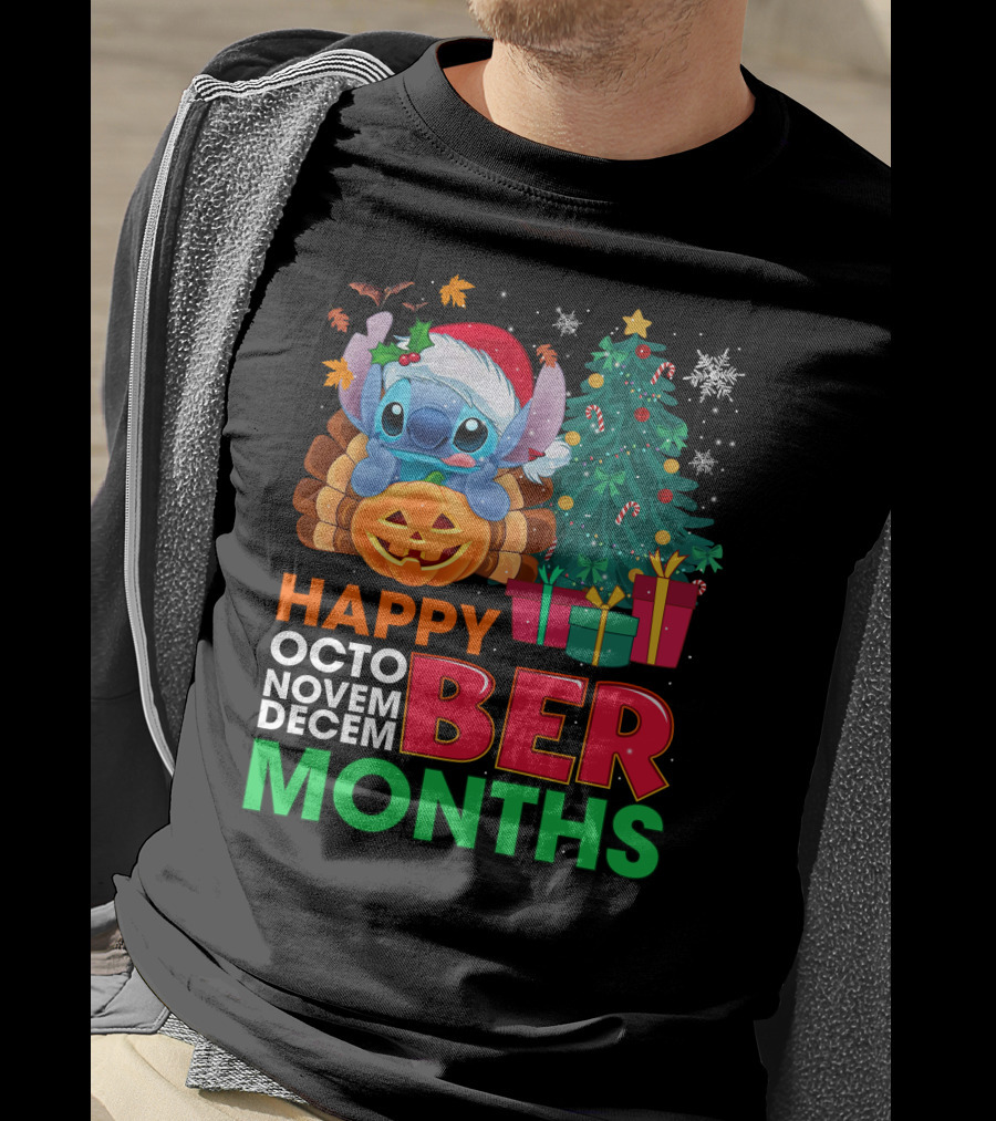 Happy Octo Novem Decem Ber Months Stitch Santa Hat Turkey Pumpkin Christmas Tree Presents T-Shirt