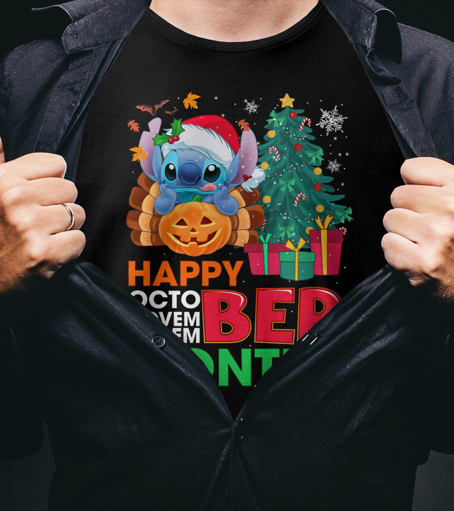 Happy Octo Novem Decem Ber Months Stitch Santa Hat Turkey Pumpkin Christmas Tree Presents T-Shirt