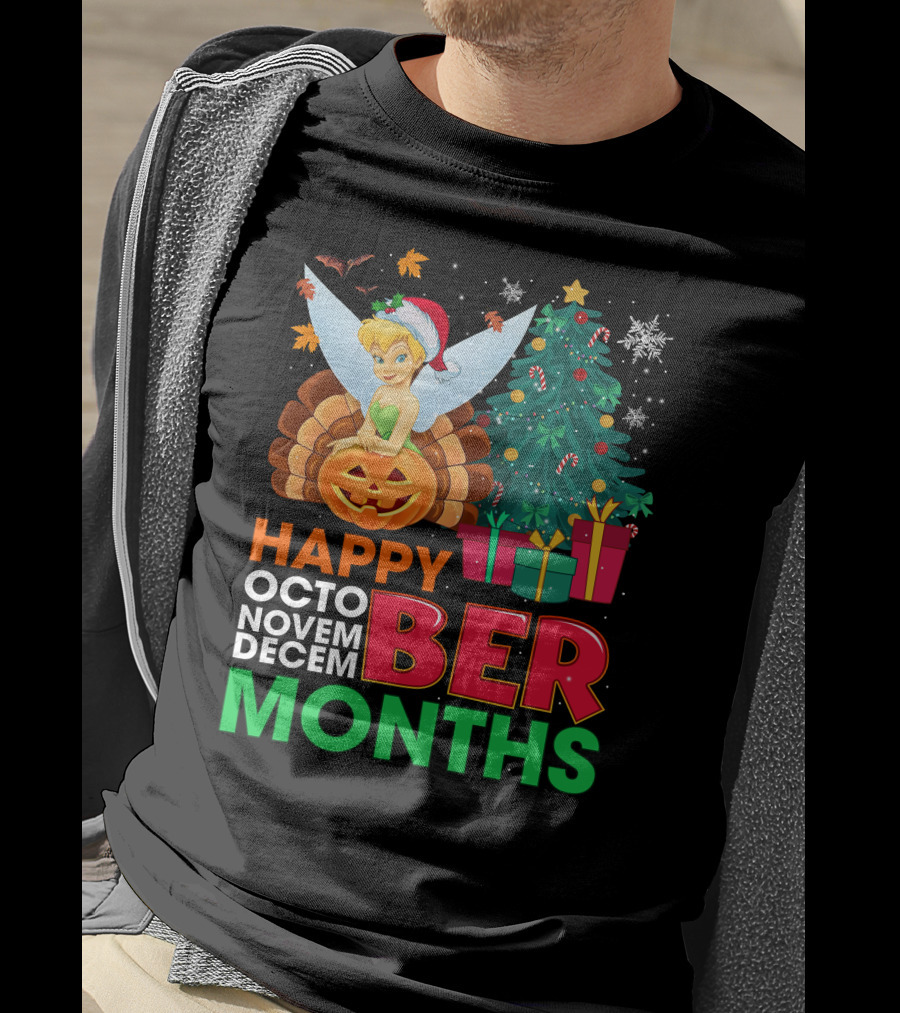 Happy Octo Novem Decem Ber Months Tinker Bell Christmas Tree Thanksgiving Pumpkin Santa Hat T-Shirt