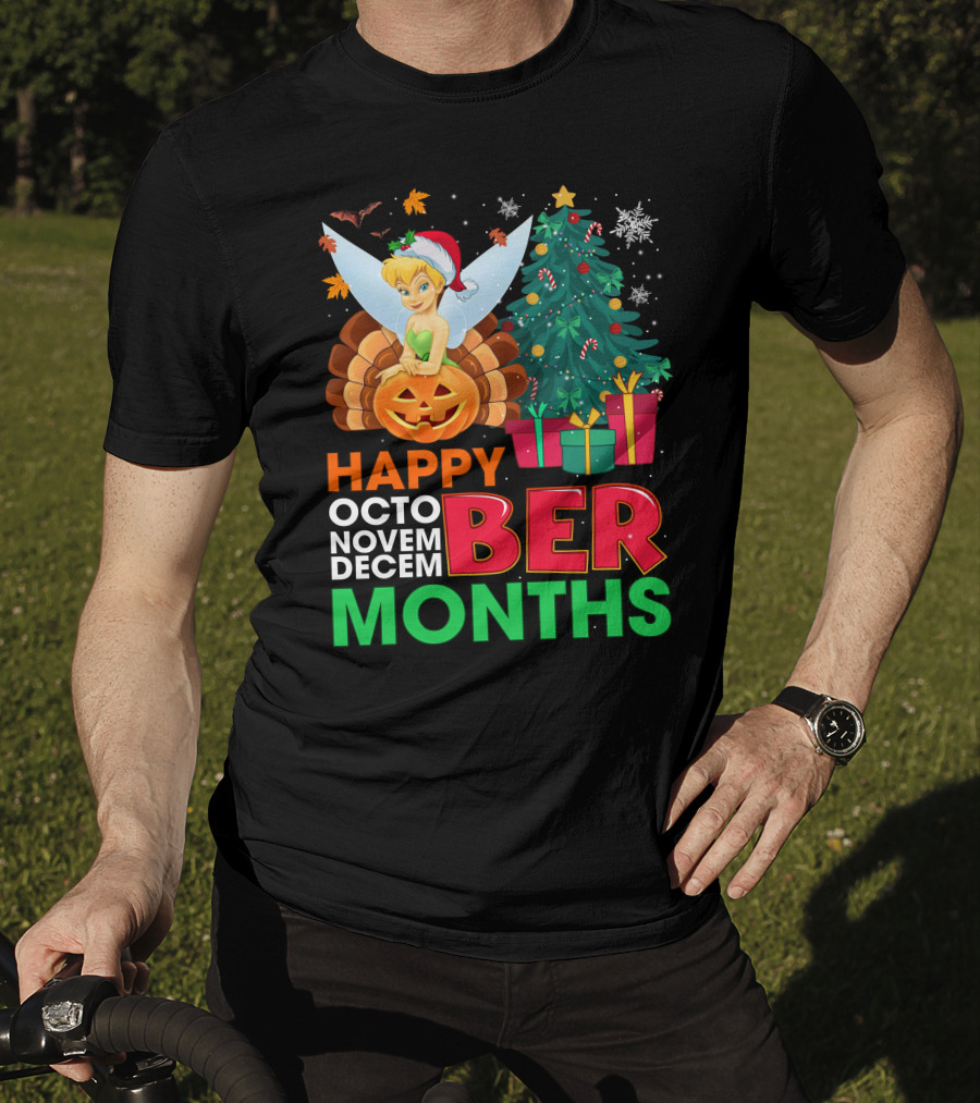 Happy Octo Novem Decem Ber Months Tinker Bell Christmas Tree Thanksgiving Pumpkin Santa Hat T-Shirt