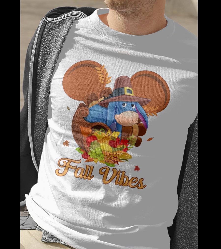 Eeyore Fall Vibes Cornucopia With Pilgrim Hat And Autumn Leaves T-Shirt