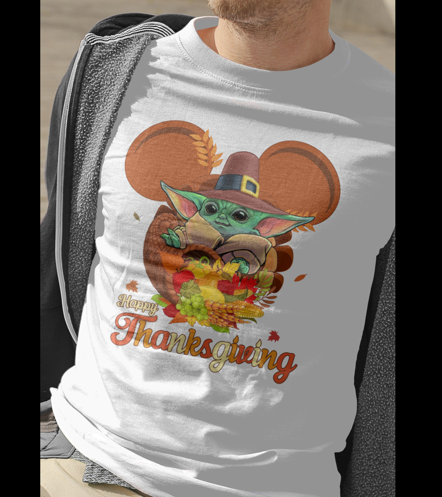Happy Thanksgiving Baby Yoda Cornucopia With Pilgrim Hat T-Shirt