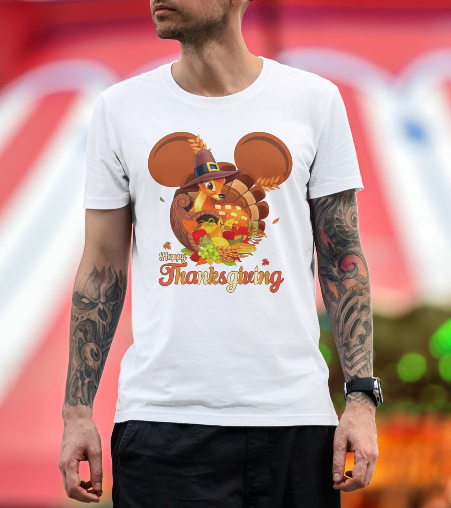 Happy Thanksgiving Bambi In Pilgrim Hat With Cornucopia And Mickey Ears T-Shirt