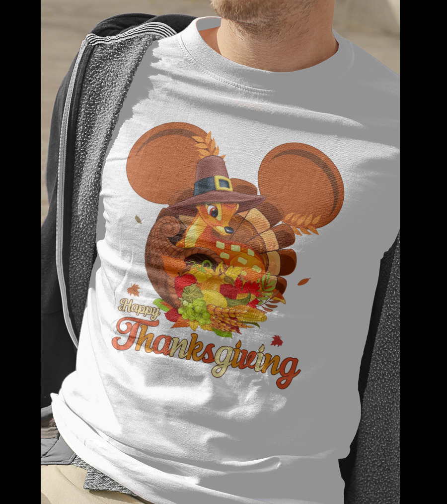 Happy Thanksgiving Bambi In Pilgrim Hat With Cornucopia And Mickey Ears T-Shirt