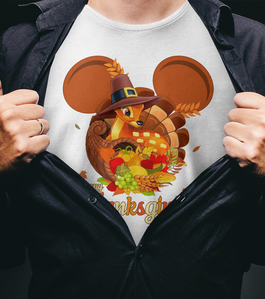 Happy Thanksgiving Bambi In Pilgrim Hat With Cornucopia And Mickey Ears T-Shirt