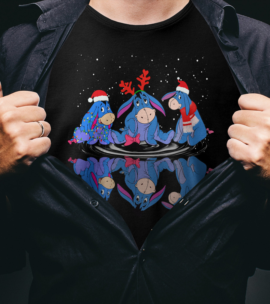 Eeyore Christmas Reflections With Santa Hats And Reindeer Antlers T-Shirt