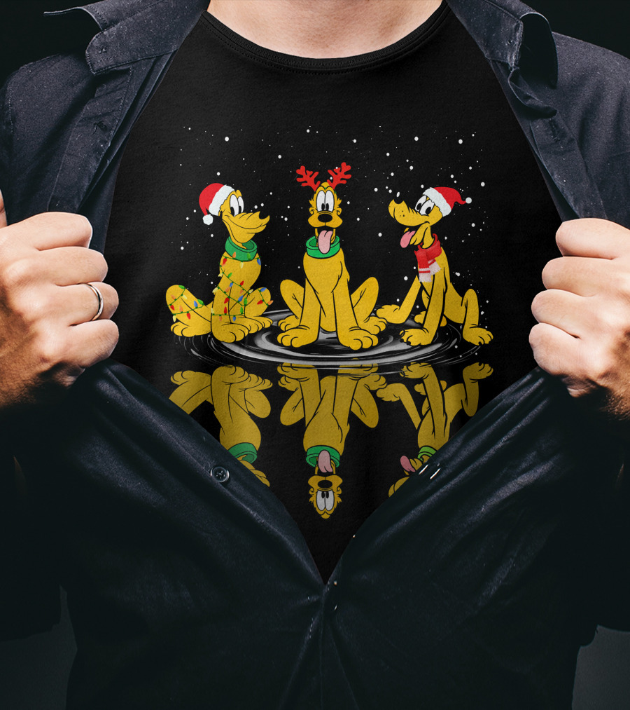 Pluto Christmas Reflections With Santa Hats And Antlers T-Shirt