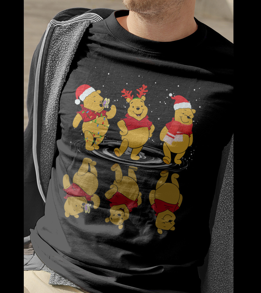 Winnie The Pooh Christmas Reflections In Holiday Hats And Scarves With Snowflakes T-Shirt